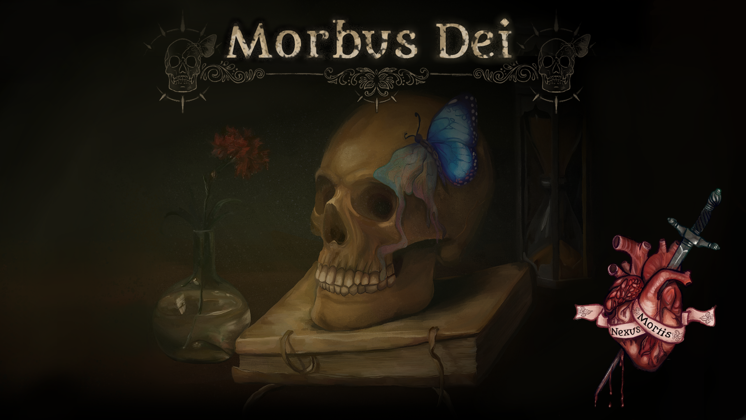 Morbus Dei artwork with a skull, butterfly and anatomical objects